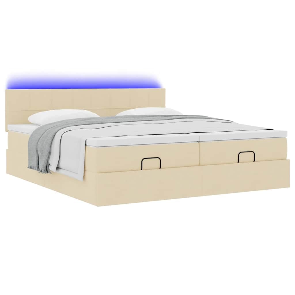 Otoman Storage Bed with Mattresses & LED Lights, Cream Fabric Upholstered Platform Bed Frame Bed, 200 x 200 cm King Size with Headboard, Port USB, Pocket Spring Mattress do sypialni