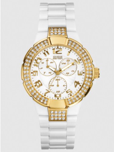 Guess White Silicone Gold Tone GMT Ladies Watch U11623L1