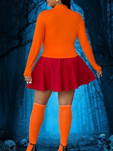 Image of 5Pcs Womens Costume Orange Long Sleeve Crop Top,Red Short Skirt,Stockings,Magnifier,Glasses Frames for Halloween