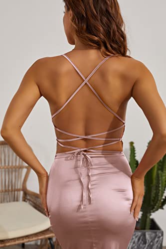 Velius Women's Sexy Spaghetti Strap Backless Lace Up Bodycon Party Dress (X-Large, Dark Pink) #TOP3