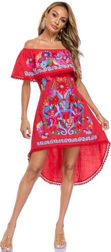 Image of YZXDORWJ Women's Mexican Asymmetrical Dress Embroidered Floral Off-Shoulder Cocktail Latina Fiesta Dress