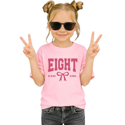 MULOIUDZ Eight Birthday Girl Shirts 8th Girls Birthday Outfits Kid Bow B-Day T-Shirt 8 Years Old Party Tees Gift Tops(Pink 8th)