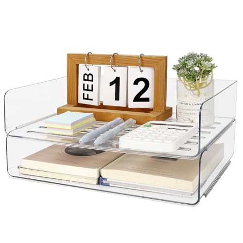 Otauoaea Lot de 2 Corbeille a Courrier Empilable - Bac a Courrier A4 en Plastique Pet Transparente - Rangement Bureau Organisateur - Banette Bureau