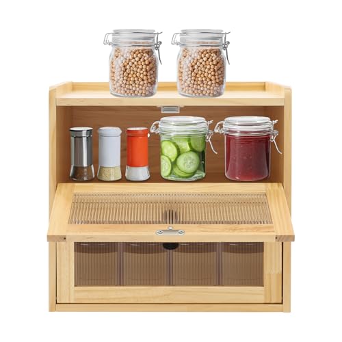 JDBDU Panera con 2 compartimentos de madera de pino, con cierre magnético, panera grande de doble capa para cocina, pan, panecillos, pasteles y alimentos, 36,5 x 24 x 34 cm
