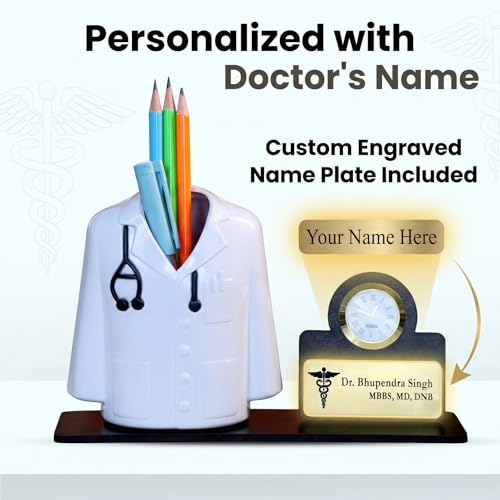 Image of Medical Theme Desk Organizer with clock - personalized gift to a doctor Pen Stand | Unique Apron /Coat Shape Pencil Holder | A gift to doctors female, male & Medical Aspirants