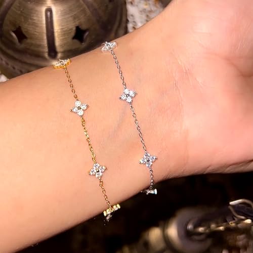 Aidenn Pulsera para mujer de oro con circonitas cúbicas, flores de plata 925, pulsera apilable dorada/plateada, joyería hecha a mano, regalo, 16.5 centimeters, Plata de ley - imagen 7
