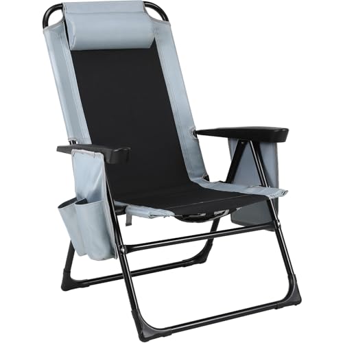 LIFERUN Chaise de Camping Pliable Inclinable avec Bandoulière, Dossier Haut Réglable, Appuie-Tête, Sac à Glace, Fauteuil Pliant Exterieur Facile à Transporter pour Voyages, Pêche, Plage, Jardin