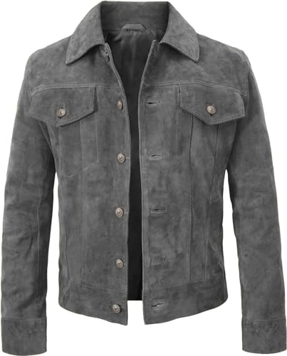 Image of Suede Leather Trucker Jacket Men - Mens Western Style Cowboy Suede Leather Coat - Vintage Motorcycle Jacket