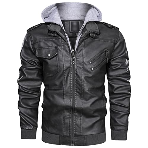 Maiyifu-GJ Men Vintage Faux Leather Jacket Stand Collar PU Leather Motorcycle Jacket Casual Bomber Hoodie with Removable Hood (Grey,4X-Large)