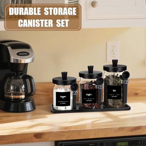 Image of Suclain 3 Pcs Glass Coffee Container Set, 13.5,20,25 oz, Black Bamboo
