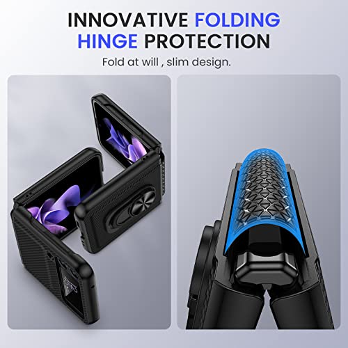 Vego For Galaxy Z Flip 3 Stand Case With Hinge Protection, Full-Body Protective Case With Built-In Glass Camera Lens Protector For Samsung Galaxy Z Flip 3 5G (2021) - Carbon Fiber Black #TOP3