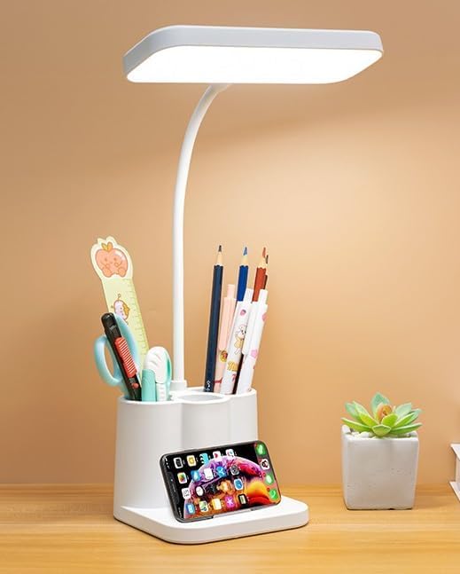 TEKCOOL Acrylonitrile Butadiene Styrene 3 Color Table Lamp Rechargeable for Study with Phone Holder Flexible Arm Touch Light with Stepless Dimming, Desk Lamps with Pen Holder, White.-image-28