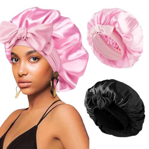 Dazhtu 2 Pièces Bonnet Satin Cheveux Nuit, Bonnet en Soie pour Couchage Maquillage, Respirant, Bonnet en Soie Chapeau Sommeil Élastique Réutilisable Capuchon de Nuit, avec Une Bande de Fixation