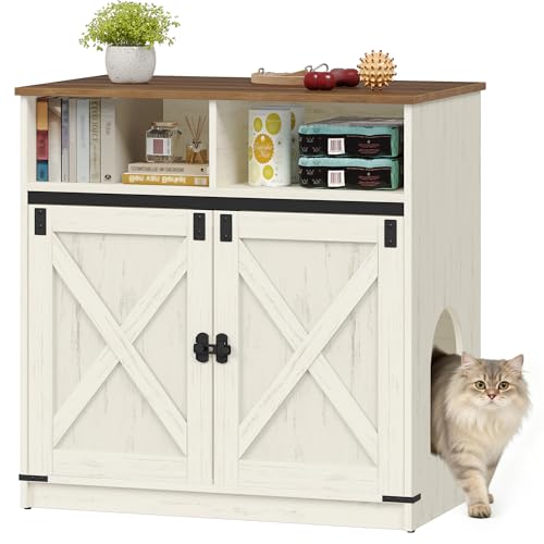 Hzuaneri Katzenklo Schrank 80 x 48 x 80 cm Versteckte Katzenschrank mit Stauraum Katzenschrank aus Holz Katzenhaus im Landhausstil TV-Schrank Beistelltisch Vintagebraun-Weiß CB89414X