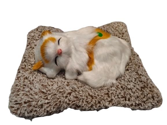 Image of Sleeping Cat Plush Toy with Press Simulation Sound, Sleeping Cat Stuffed Animal Fur Soft Toys with Sound for Kids Car Dashboard Cat & Office Desk (Tan & White)