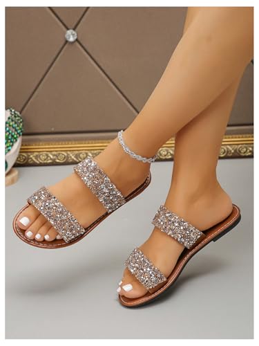 Verdusa Women's Glitter Rhinestone Flat Sandals Open Toe Double Strap Summer Slip on Slides2