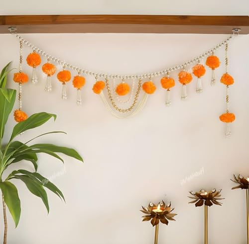Image of Divyakosh Fabric and Beads Marigold Flower with Moti Toran(Size 4 FT / 48 Inch), Bandarwal Door Hanging, Festival Toran for Home Decor