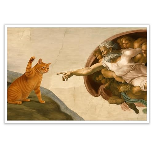 Renaissance Cat and Adam Poster Print Funny Whimsical Meme Wall Art Humorous Michelangelo Parody Canvas Decor Quirky Animal Aesthetic for Bedroom Room Home 12X16inch Unframed