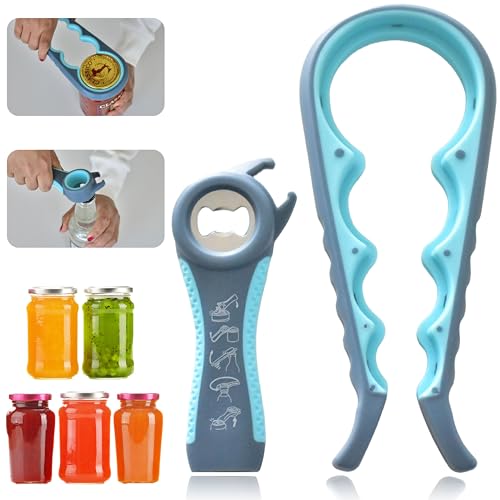 Jar Opener, 5 in 1 Multi Function Can Opener Bottle Opener Kit with Silicone Handle Easy to Use for Children, Elderly and Arthritis Sufferers by Nirvana Nest (Blue and Grey)