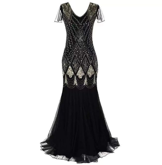 Image of 869A - Plus Size 1920s Vintage Fringed Gatsby Sequin Dimand Tassels Flapper Party Cocktail Dress with Accessories