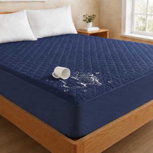 Image of Lukzer 100% Waterproof Quilted Mattress Protector Blue Single Bed 78 x 36 Inches (6.5 x 3 ft) Cotton-Feel Bed Protector Soft Noiseless Hypoallergenic Breathable Elastic Fitted Mattress Cover /Bed Cover