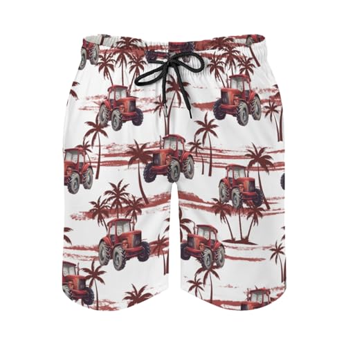 Vintage Tractors Coconut Trees Men's Swim Trunks Tropical Hawaiian Summer Board Shorts Bathing Pants with Pockets