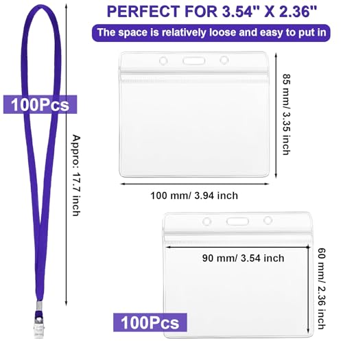 Image of Marspark 100 Sets Clear Name Tags with Lanyard, Lanyards for ID Badges Reusable Strap with ID Holder Plastic Name Badges for Adults Business School Church Conference (Dark Purple)