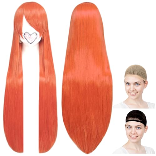 Perruque Cosplay Kenshin Himura orange rouge de 80cm mate avec deux filets de protection