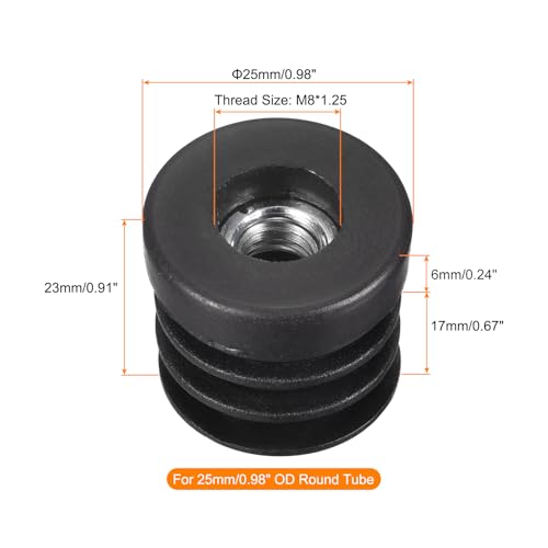 Image of uxcell 16Pcs Plastic Threaded Tube Inserts with M8 Thread, for 25mm /0.98 inch OD Round Tube, Adjustable Round Black Plastic Plug Caster Insert Chair End Caps Furniture Leg Plug