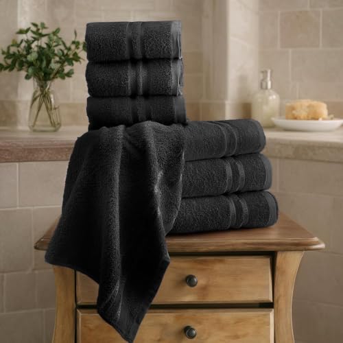 Image of 100% Cotton Terry Ultrasoft and Quick Absorbent 380 GSM Solid 6 pcs. Quick Dry Bath Towel Set for Bathroom or Gifting Towel Set (Black)