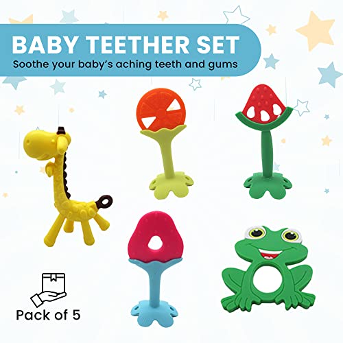Image of Gadgetime USA Silicone Baby Teether (Pack of 5) - Animal Toys for Babies, Toddlers, Girls & Boys - Stimulating & Soft Soothing - BPA Free - Assorted Colors