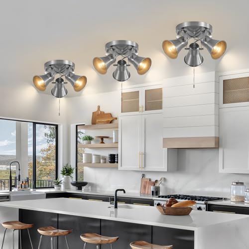 Image of 3-Light Ceiling Lights with Pull Chain, Adjustable Round Kitchen Ceiling Light, Morden Nickel Flush Mount Directional Track Light for Kitchen, Hallway, Dining Room, Bathroom, Coffee Bar