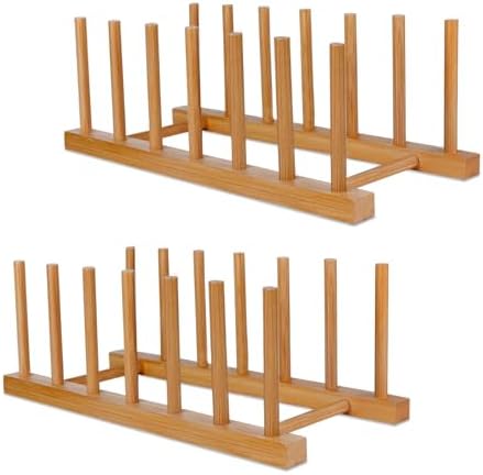 SAMEBUTECO Bamboo Wooden Plate Racks Dish Stand Holder Vertical Drainer Kitchen Cabinet Organizer for Dish, Pots, Lids, Bowls, Cups, and Cutting Boards and Books(2 Packs)