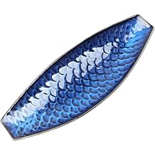16" Large Ceramic Decorative Tray, Long Boat Shaped Centerpiece Bowl, Multipurpose Serving Platter for Home, Party Decor or Sushi, Fruits, Desserts Blue