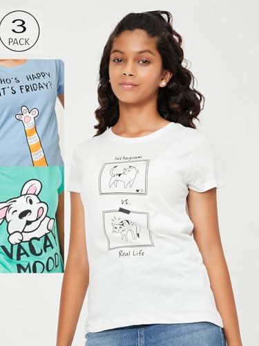 Image of Max Girls Cotton Regular Printed T-Shirt - Pack of 3