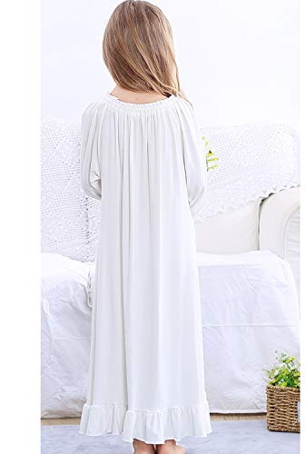 PUFSUNJJ Kids Girls Soft Cotton Nightgown Sleepwear Dress Toddler 3-12 Years Off-white - Thumbnail 4