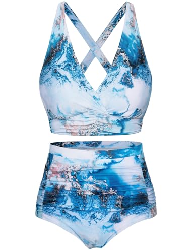 Svanco Bikini damset, magkontroll, hög midja, baddräkt, push-up, badmode, spets, V-ringning, blommönster, tvådelad baddräkt med knytbälte, Blå marmor, XL
