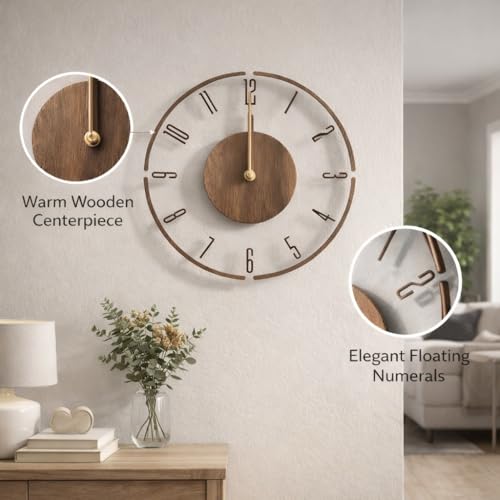 Image of Xtore Elegant Minimalist Wooden Wall Clock for Living Room, Bedroom & Office Decor | Contemporary Open-Frame Design with Natural Wood Center (30 cm Diameter)