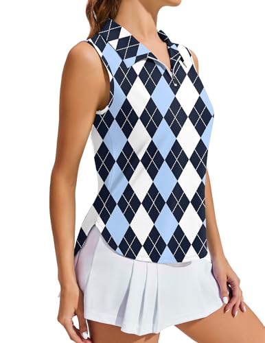 Image of PINSPARK Women Golf Shirts Sleeveless UPF 50+ Tennis Polo V-Neck Quick Dry Athletic T Shirt 1 /4 Zip Collar Workout Tank Top