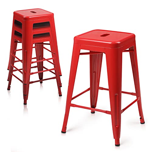 Monibloom Metal Barstools 24 Inch In Red, Set Of 4 Stackable Bar Stools With Square Seat For Kitchen Patio Dining Room Indoor Outdoor #TOP19