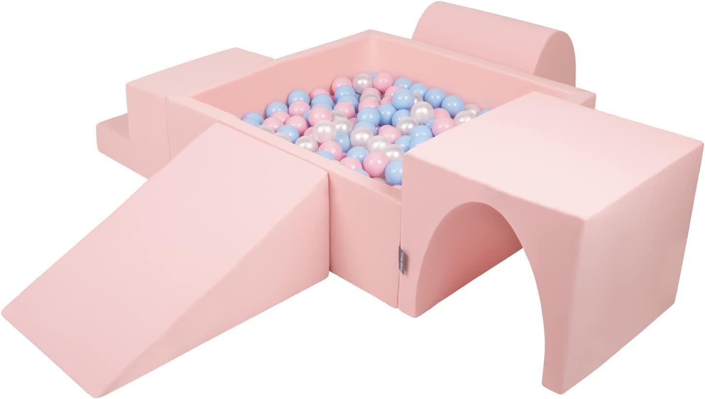 KiddyMoon Foam Playground For Kids With Square Ballpit (200 Balls ∅ 7Cm/2.75In) Soft Obstacles Course And Ball Pool Made In EU, Pink:Babyblue/Powder Pink/Pearl