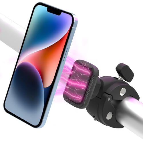LYFICCS Handlebar Phone Magnetic Mount for Bike, iPhone Bicycle Holder for Gym, Peloton Bike, Treadmill Compatible with iPhone 15, 14, 13,12, Pro, Pro Max, Mini and More Phone, Black 1 Pack.