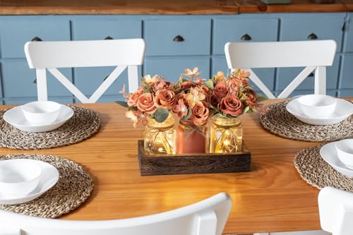 Mkono Mason Jar Lights Centerpiece Table Decorations for Dining Room Farmhouse Coffee Table Decor Tray with 3 Jars Flowers Centerpieces Summer Decor for Kitchen Living Dining Room, Orange