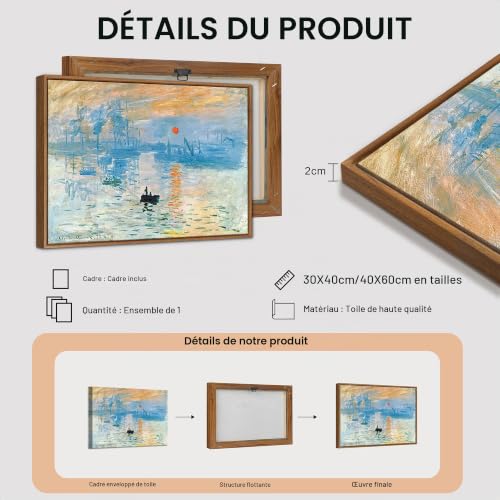 Monet Impression Lever du Soleil Tableau Decoration Murale Avec Cadre Paysage Marin au Soleil Reproduction Impression Sur Toile Abstrait Océan Affiche Peinture Decor Maison pour Salon Chambre 40X60cm – vue 7