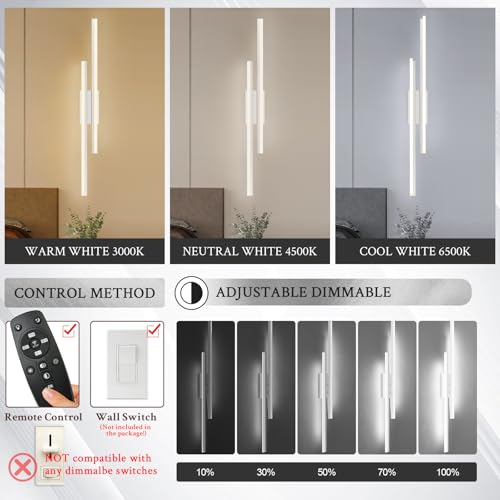 Image of LED Wall Sconce Silver Modern Remote Wall Light Fixtures for Living Room, Dimmable LED Vanity Light Indoor Remote Wall Sconce for Bedside Bedroom Bathroom Dining Room, L39.4inch 1 Pack