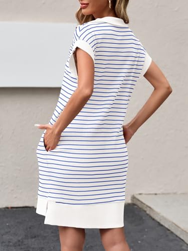 Image of Wenrine Womens Striped Mini Dress Casual Zipper Cap Sleeve Collared V Neck Loose Knit Summer Dresses