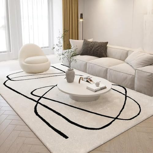 Tapis maximaliste moderne pour salon, lignes noires, tapis contemporain doux beige pour chambre à coucher, grand tapis pour bureau, salle à manger,...