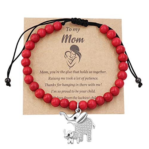 Image of Matte Agate Black Onyx /Turquoise Beads Bracelet, Good Luck Mom and Baby Elephant Bracelet, To My Mom Bracelet Gifts for Mothers Day from Daughter