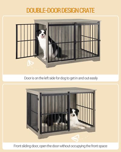 XL Large Dog Crate Furniture, 44.1" Indoor Dog Kennel Furniture with Barn Door, Wooden Tall Dog Crate, Heavy Duty Dog Cage for Large Dogs, Side End Table, Anti-Chew, Greige Black DFC80105B