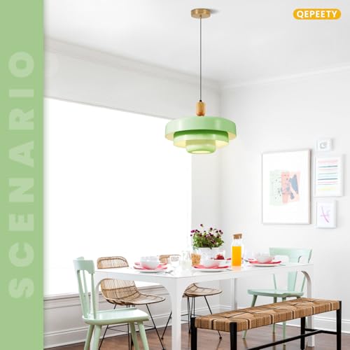 Image of Mint Green 3-Tier Pendant Light, Mid-Century Modern Wood Accent Hanging Lamp with 59 inch Adjustable Cord, E26 Base for Kitchen Island, Dining Room & Boho Bedroom
